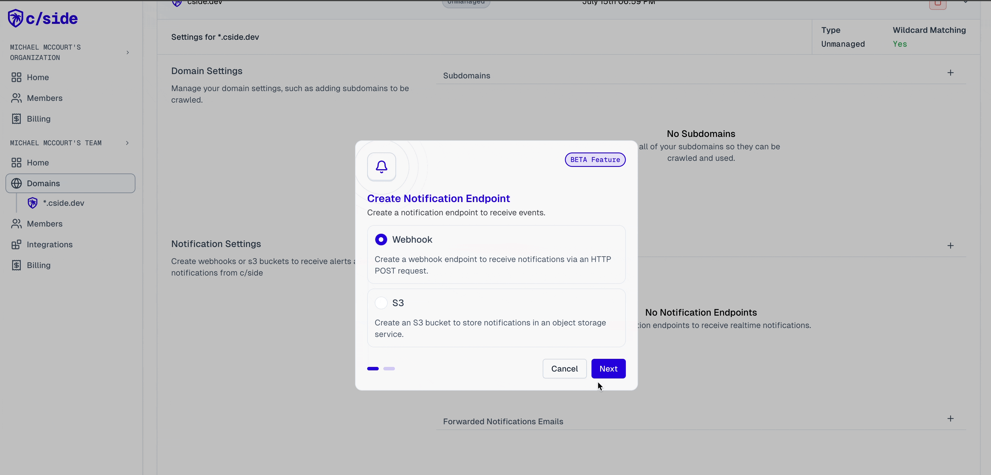 Webhook notifications in cside