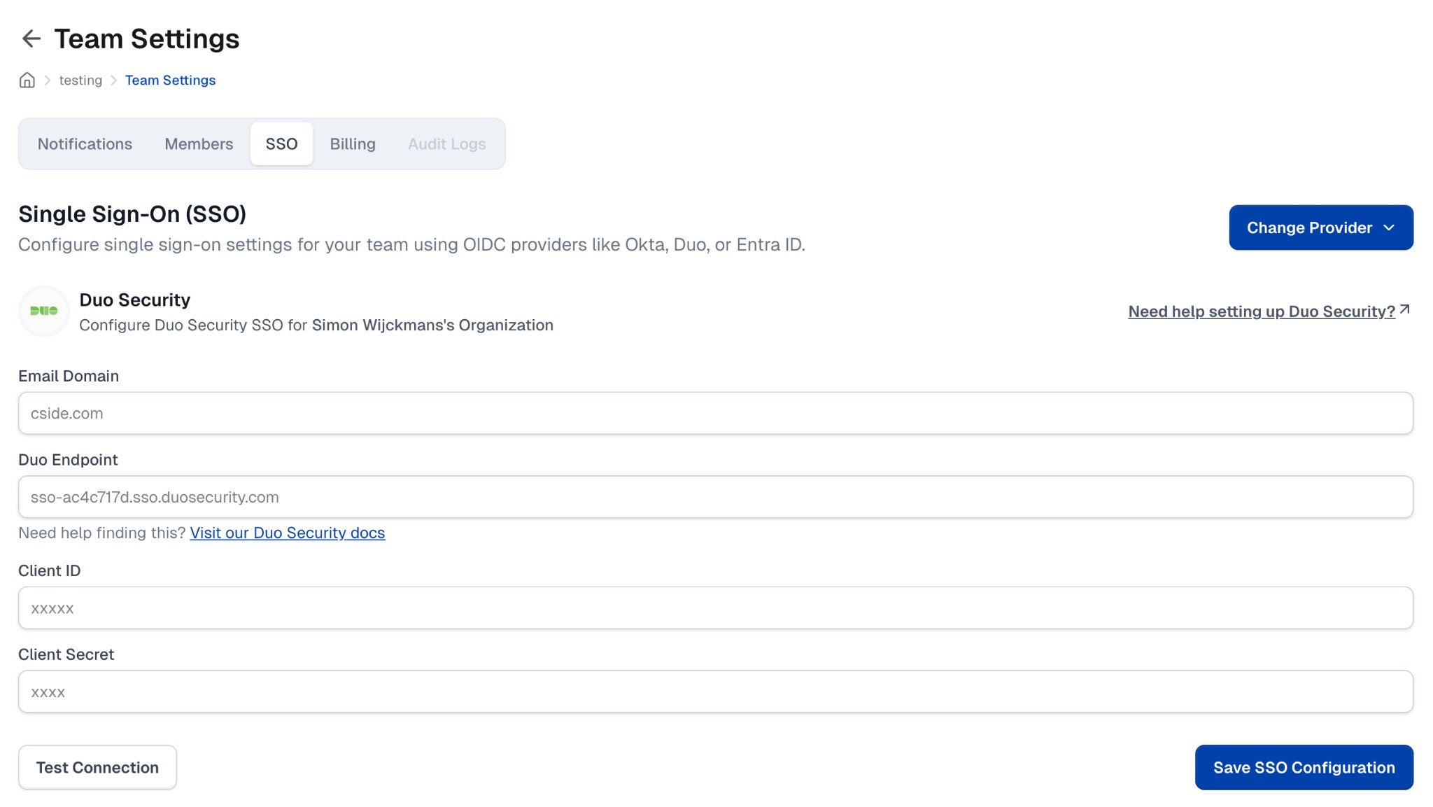 Duo Security SSO-configuratie in cside