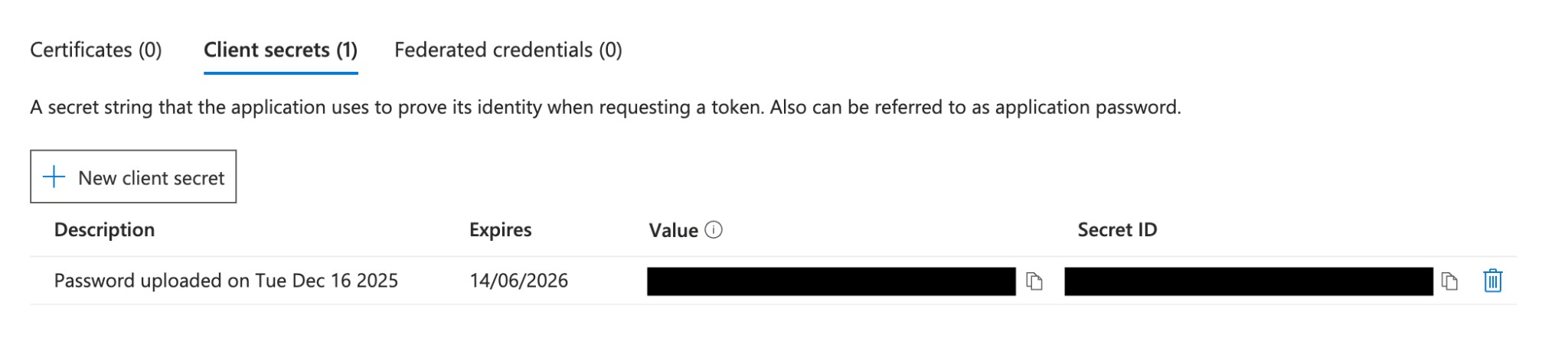 Client secret creado