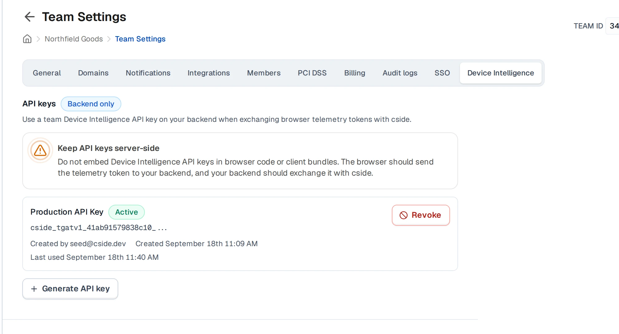 The Device Intelligence settings tab showing an active backend API key, with a reminder to keep keys server-side