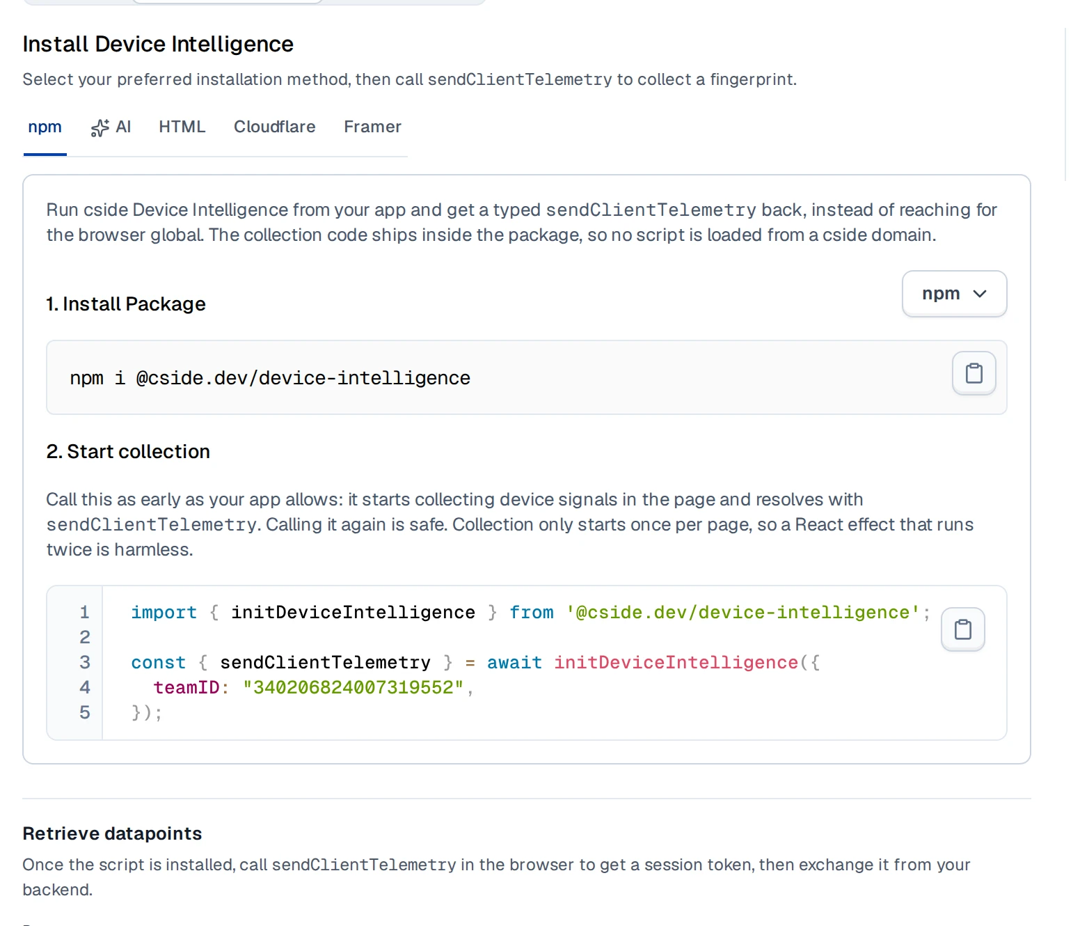The Device Intelligence setup screen with the npm tab selected, showing the install command and the initDeviceIntelligence call